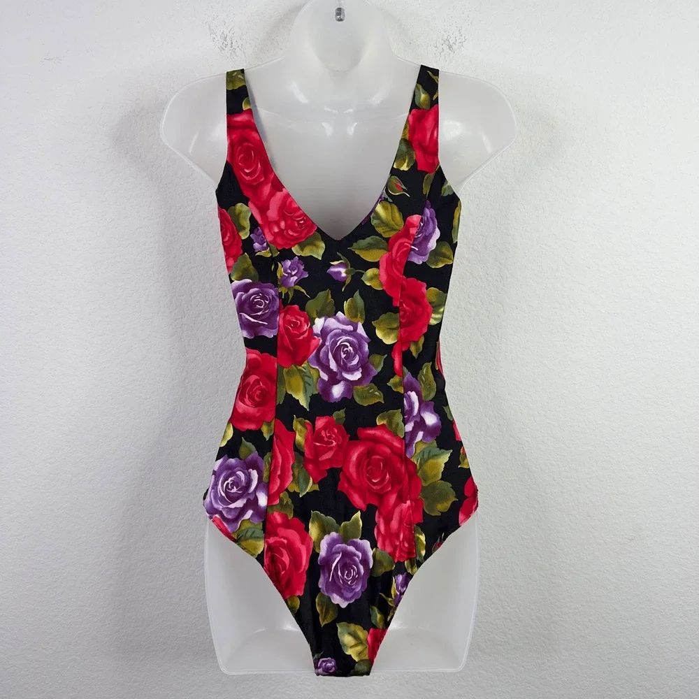 Victoria's Secret Bodysuit P Black Silk‎ VTG Floral Rose Romantic Coquette Teddy